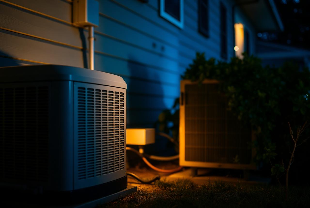 Residential air conditioning condenser outside a home at night