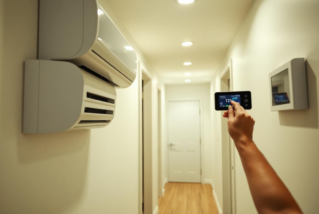 Newly installed indoor air handler and smart thermostat in a modern home