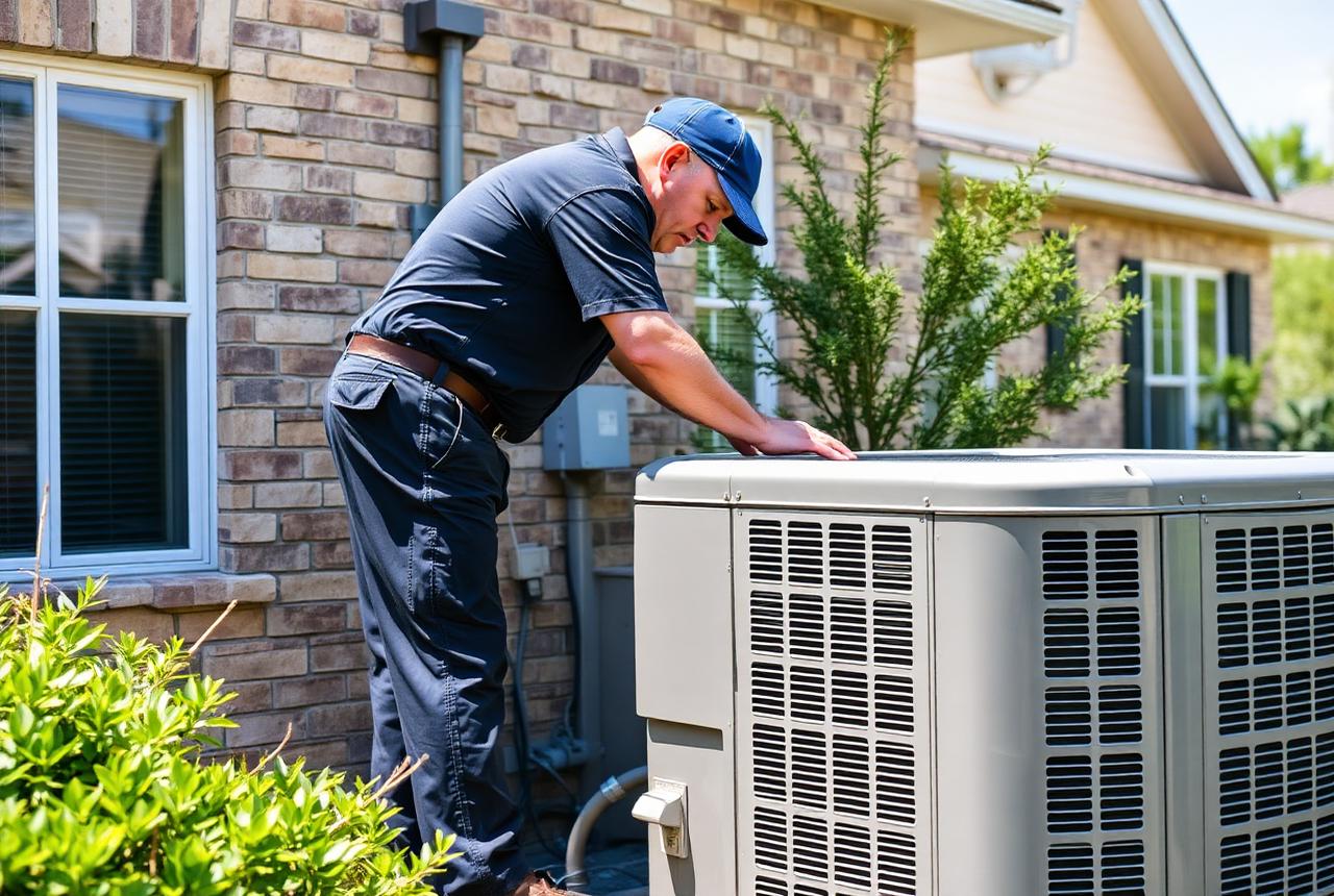 HVAC technician servicing a residential air conditioning condenser