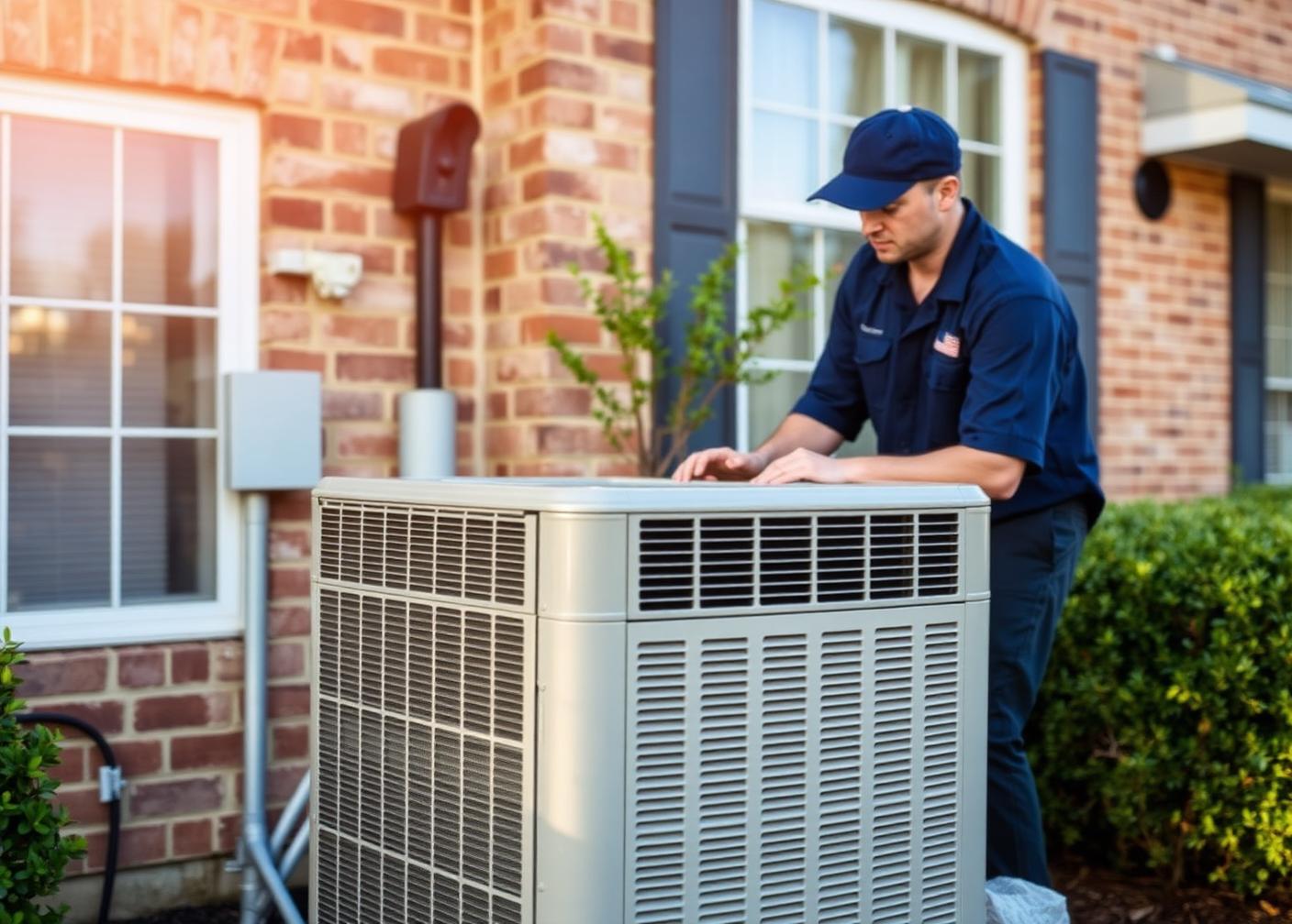 HVAC technician servicing an air conditioning condenser outside a Houston home