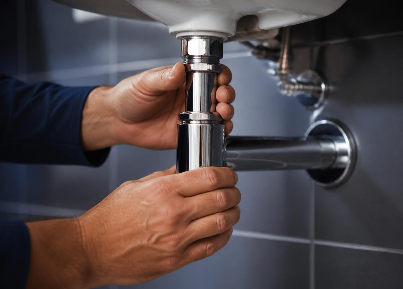 Plumber fitting a chrome waste pipe beneath a modern basin